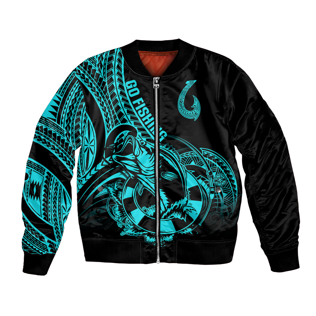 Unisex turquoise and black bomber jacket with zip front and large fish hook graphic, Go Fishing text