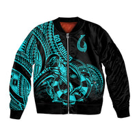 Unisex turquoise and black bomber jacket with zip front and large fish hook graphic, Go Fishing text
