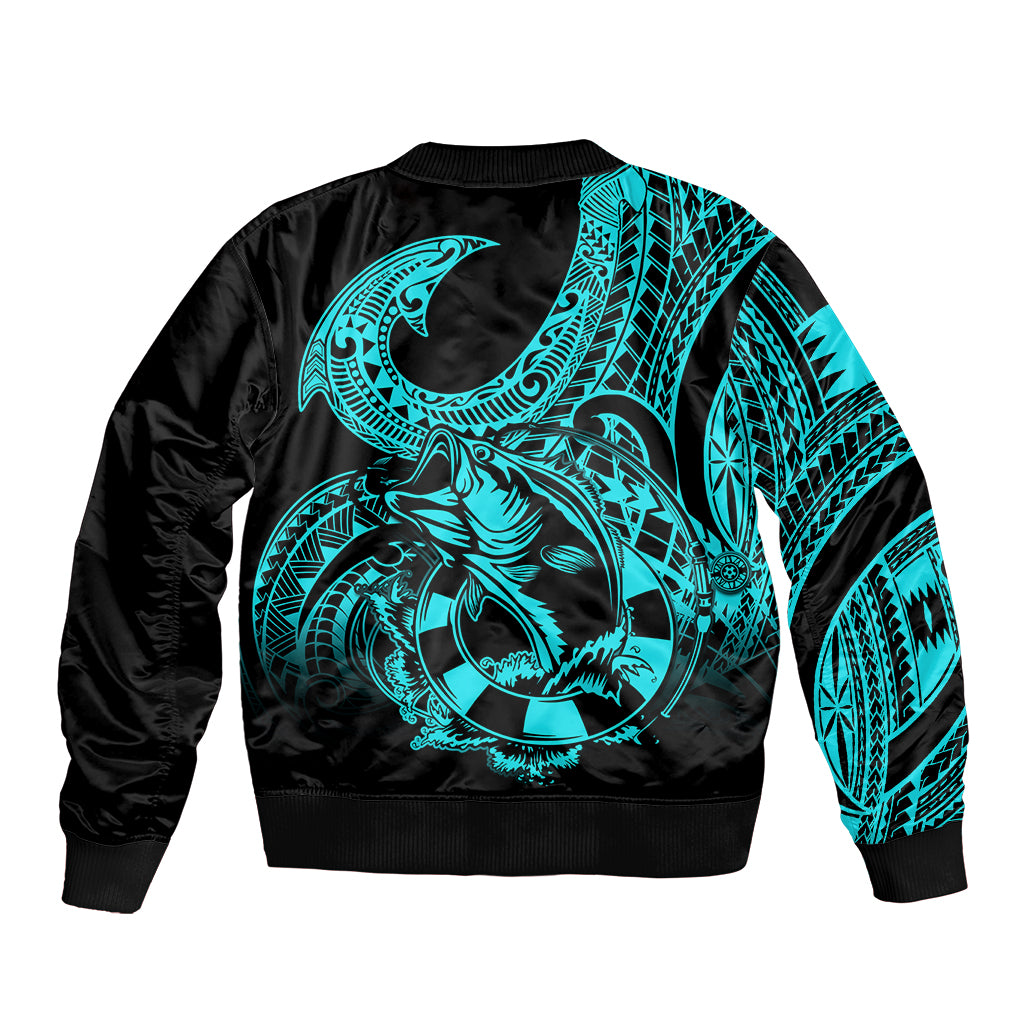 Unisex black bomber jacket with turquoise back and sleeve fish graphic, ribbed cuffs and hem