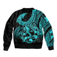 Unisex black bomber jacket with turquoise back and sleeve fish graphic, ribbed cuffs and hem