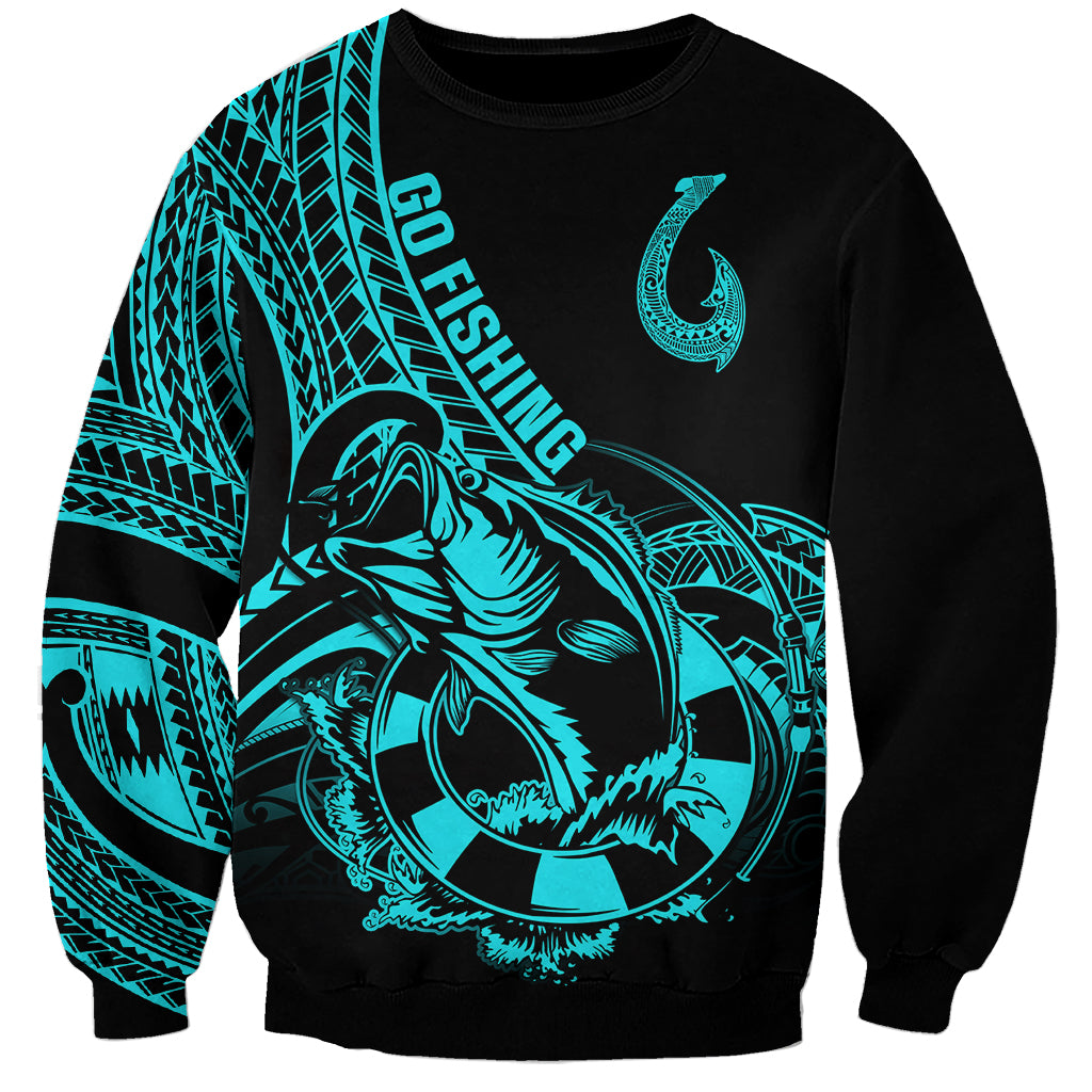 Turquoise fish-hook tattoo sweatshirt with Polynesian tribal pattern, crewneck