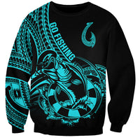 Turquoise fish-hook tattoo sweatshirt with Polynesian tribal pattern, crewneck
