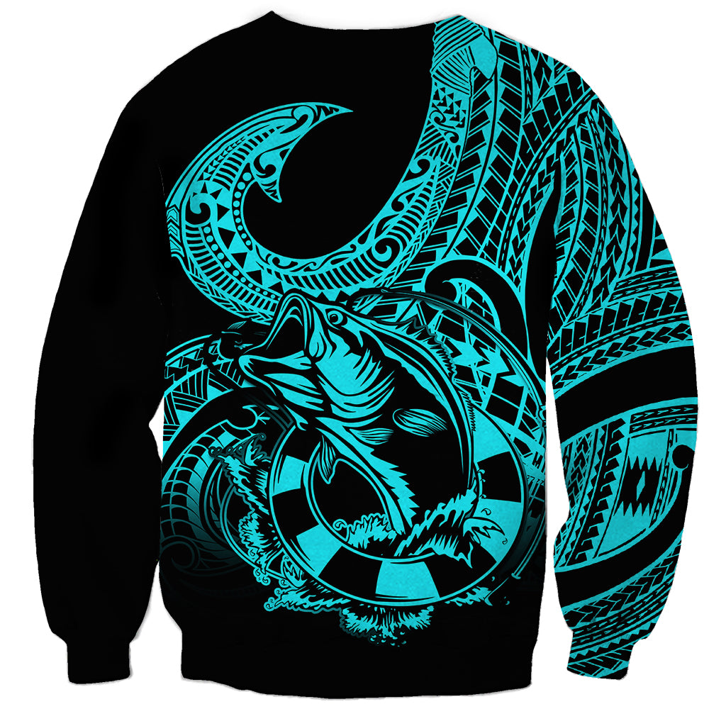 Turquoise tribal-pattern crewneck sweatshirt with fish-hook tattoo graphic on front