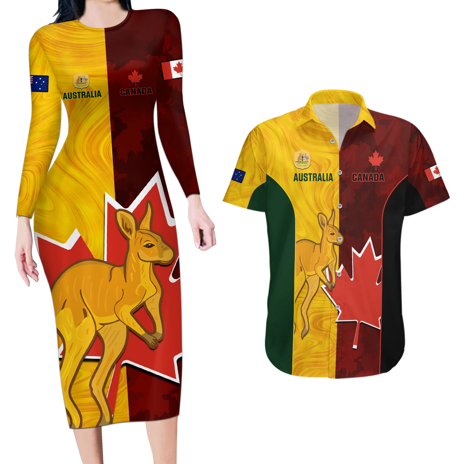 Australia And Canada Soccer Couples Matching Long Sleeve Bodycon Dress and Hawaiian Shirt Matildas Combine Canucks Together - Wonder Print Shop