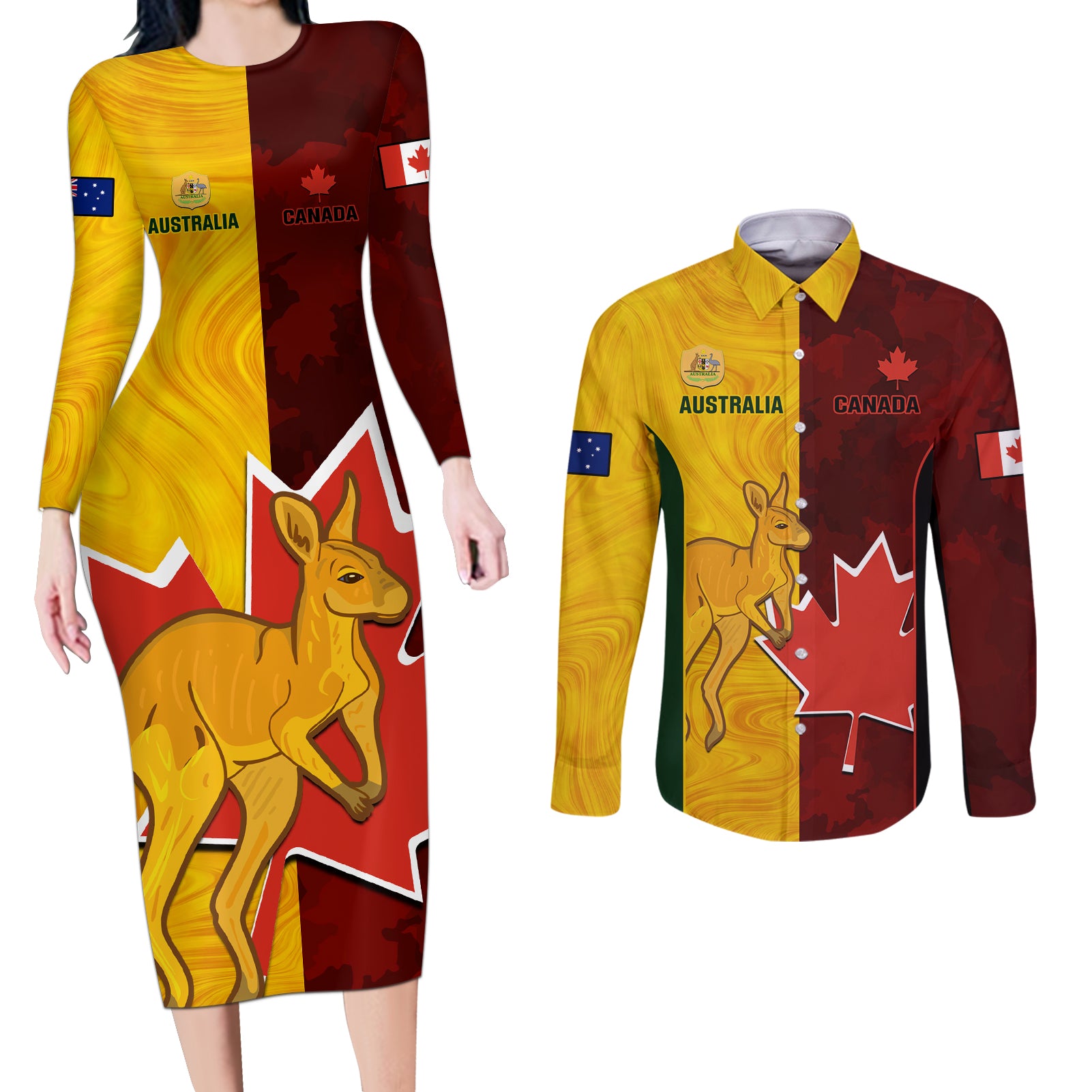 Australia And Canada Soccer Couples Matching Long Sleeve Bodycon Dress and Long Sleeve Button Shirt Matildas Combine Canucks Together - Wonder Print Shop