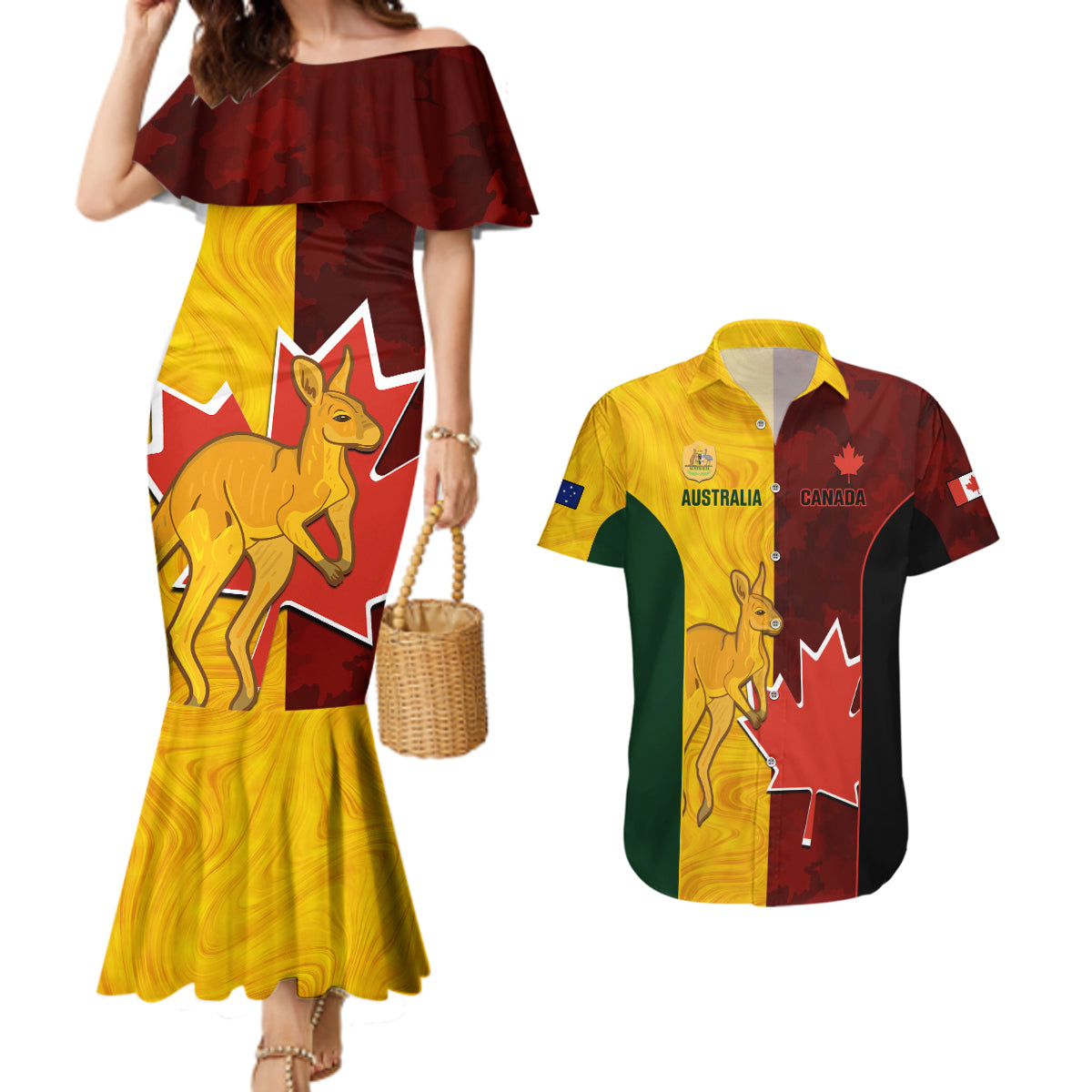 Australia And Canada Soccer Couples Matching Mermaid Dress and Hawaiian Shirt Matildas Combine Canucks Together - Wonder Print Shop