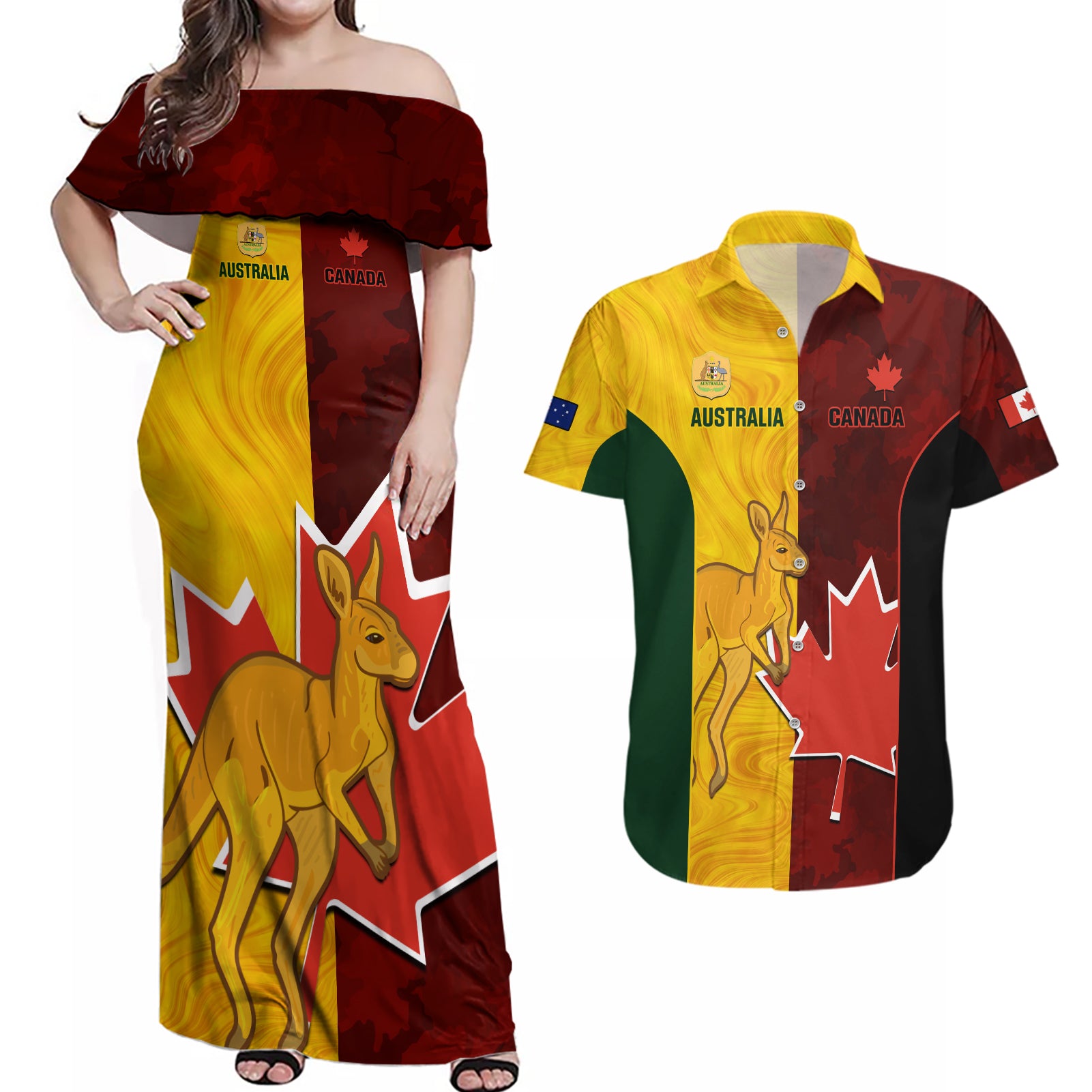 Australia And Canada Soccer Couples Matching Off Shoulder Maxi Dress and Hawaiian Shirt Matildas Combine Canucks Together - Wonder Print Shop