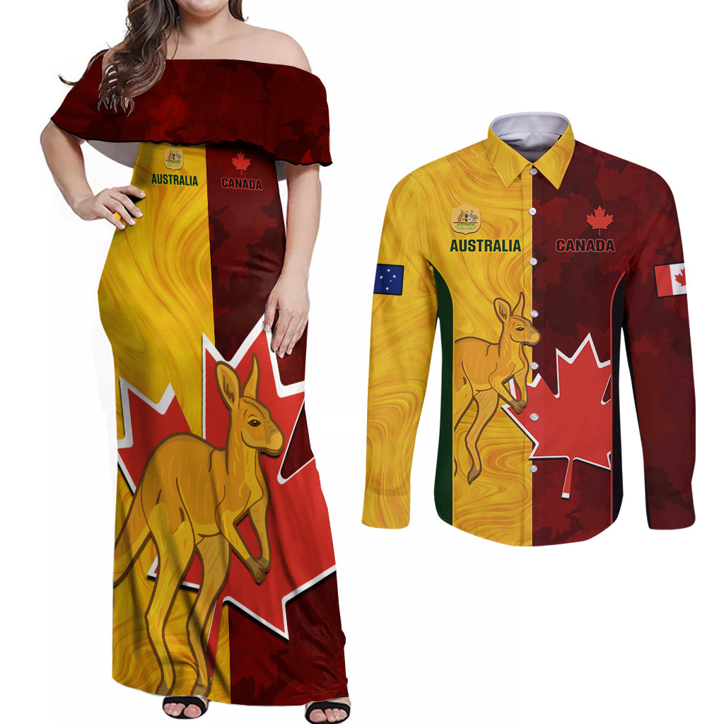 Australia And Canada Soccer Couples Matching Off Shoulder Maxi Dress and Long Sleeve Button Shirt Matildas Combine Canucks Together - Wonder Print Shop