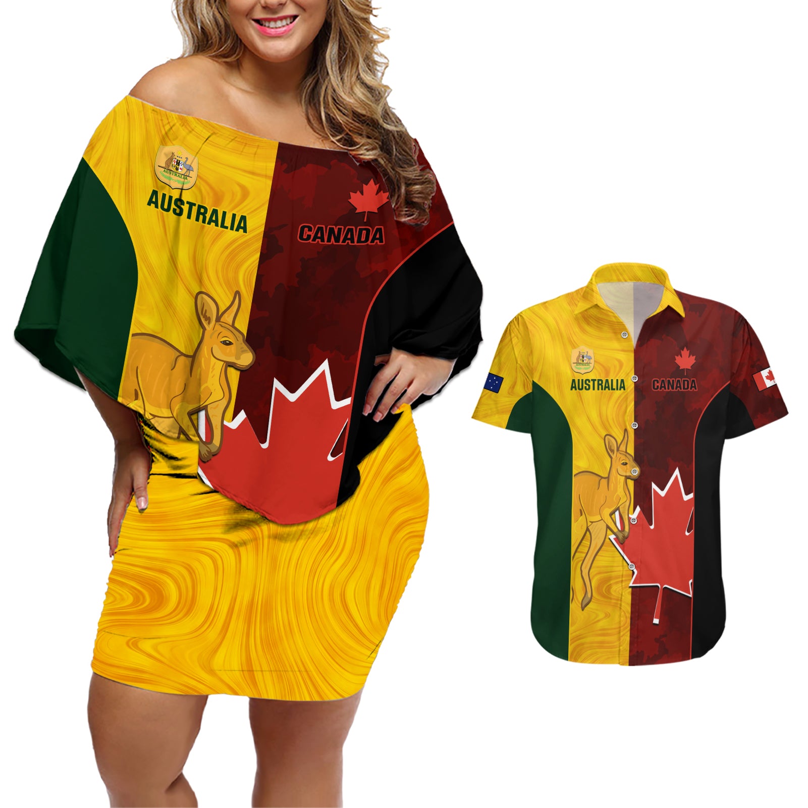 Australia And Canada Soccer Couples Matching Off Shoulder Short Dress and Hawaiian Shirt Matildas Combine Canucks Together - Wonder Print Shop