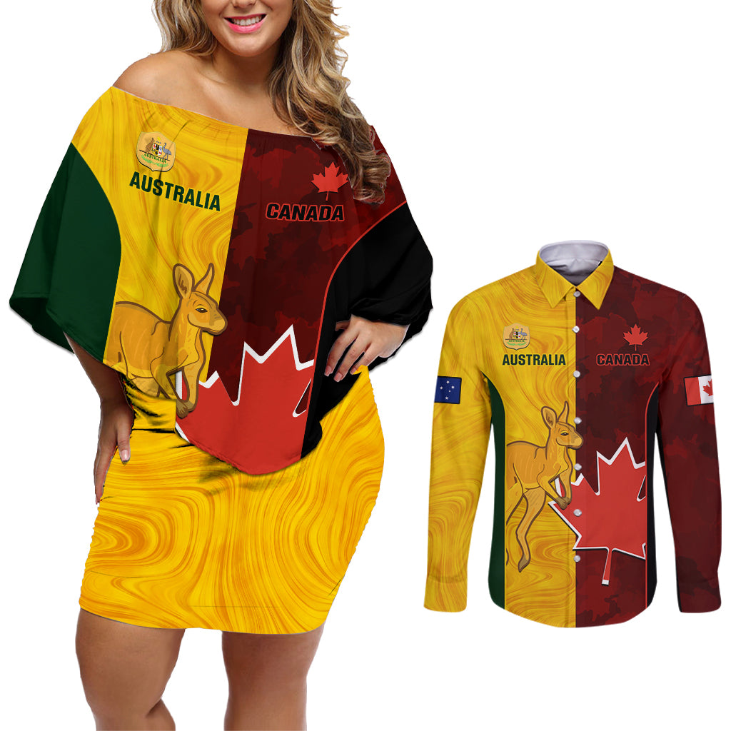 Australia And Canada Soccer Couples Matching Off Shoulder Short Dress and Long Sleeve Button Shirt Matildas Combine Canucks Together - Wonder Print Shop