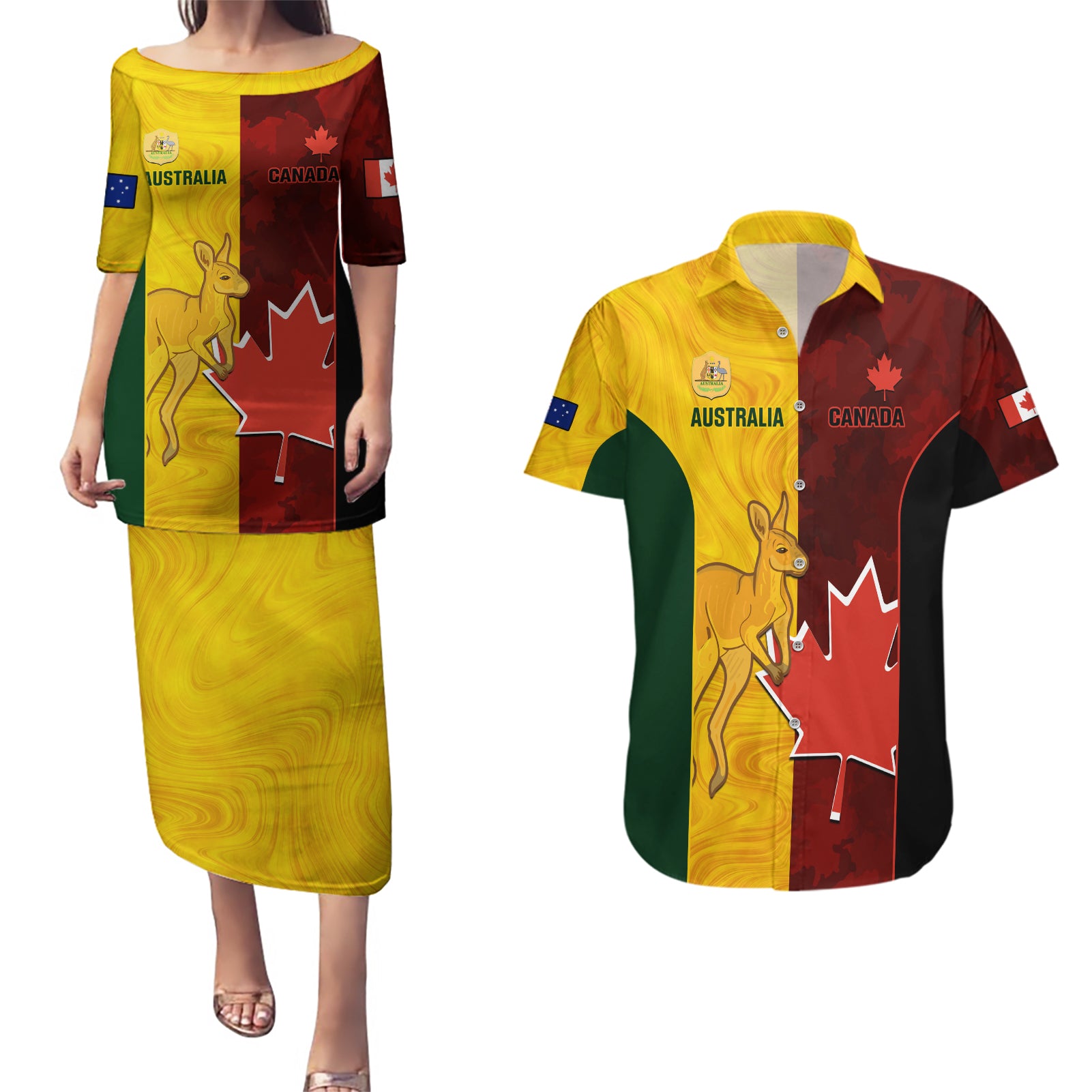 Australia And Canada Soccer Couples Matching Puletasi Dress and Hawaiian Shirt Matildas Combine Canucks Together - Wonder Print Shop