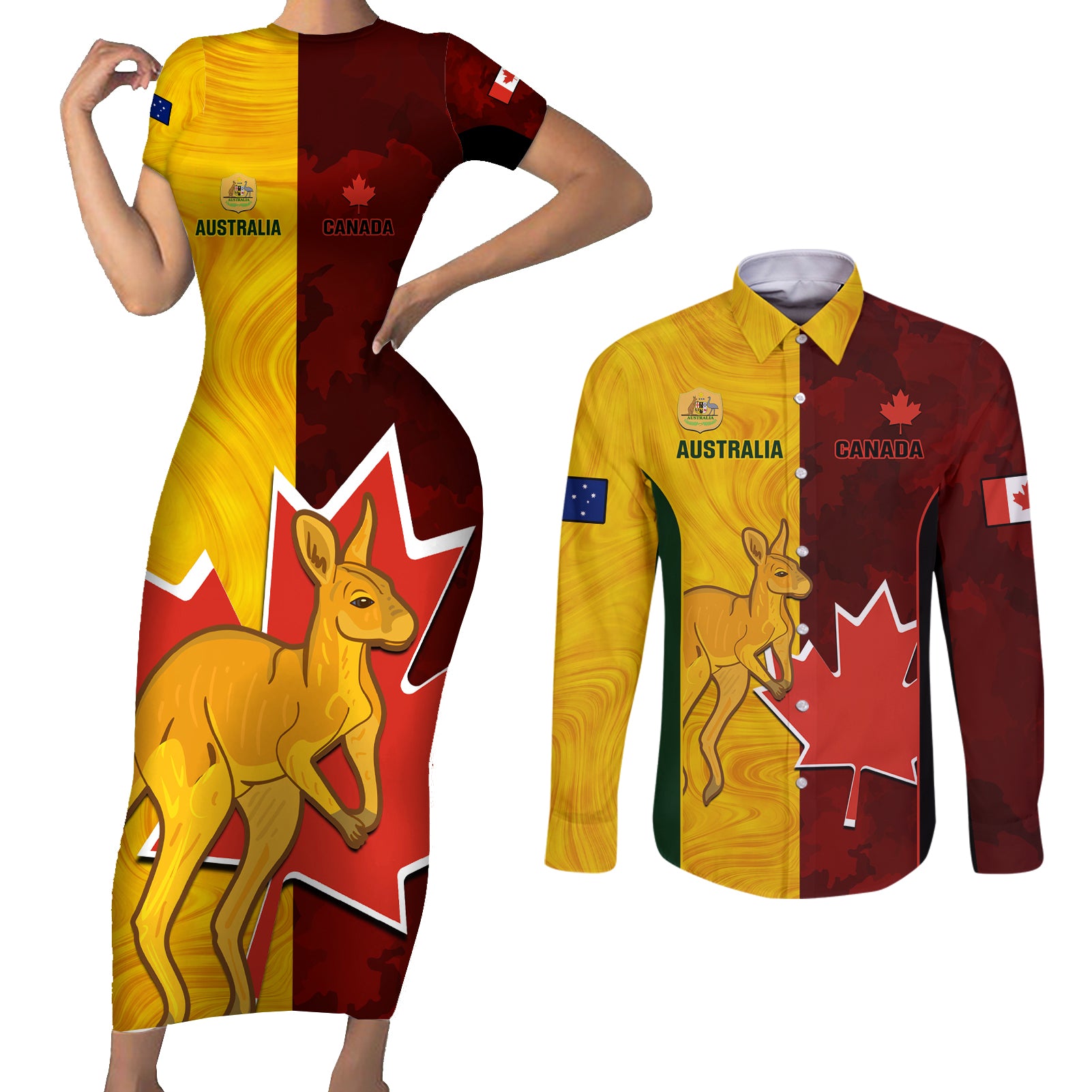 Australia And Canada Soccer Couples Matching Short Sleeve Bodycon Dress and Long Sleeve Button Shirt Matildas Combine Canucks Together - Wonder Print Shop