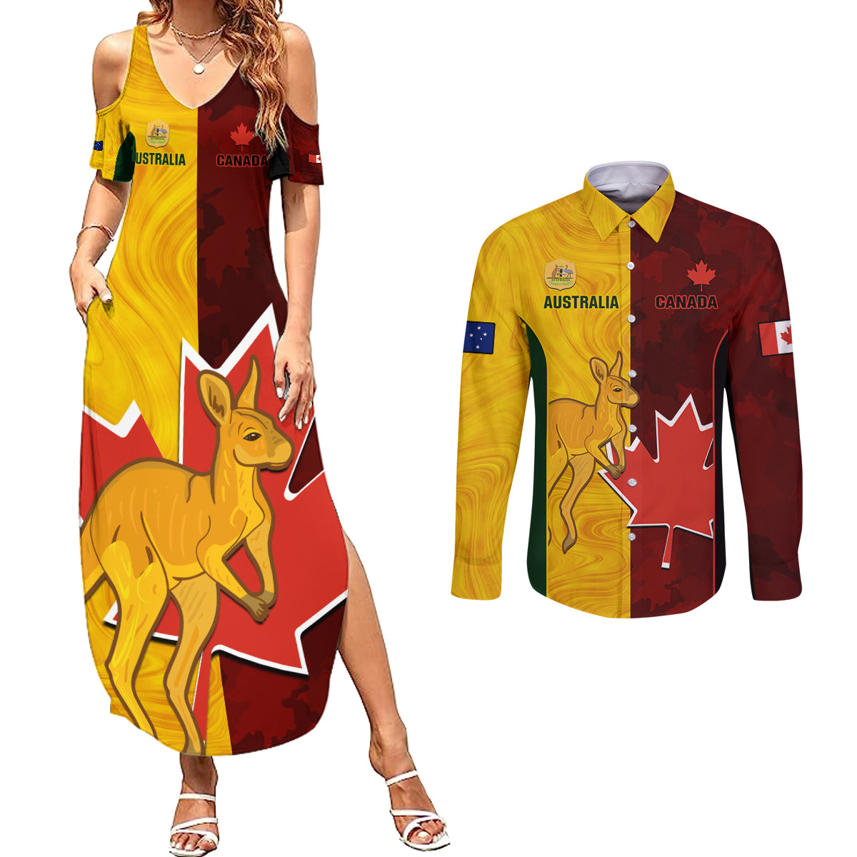 Australia And Canada Soccer Couples Matching Summer Maxi Dress and Long Sleeve Button Shirt Matildas Combine Canucks Together - Wonder Print Shop