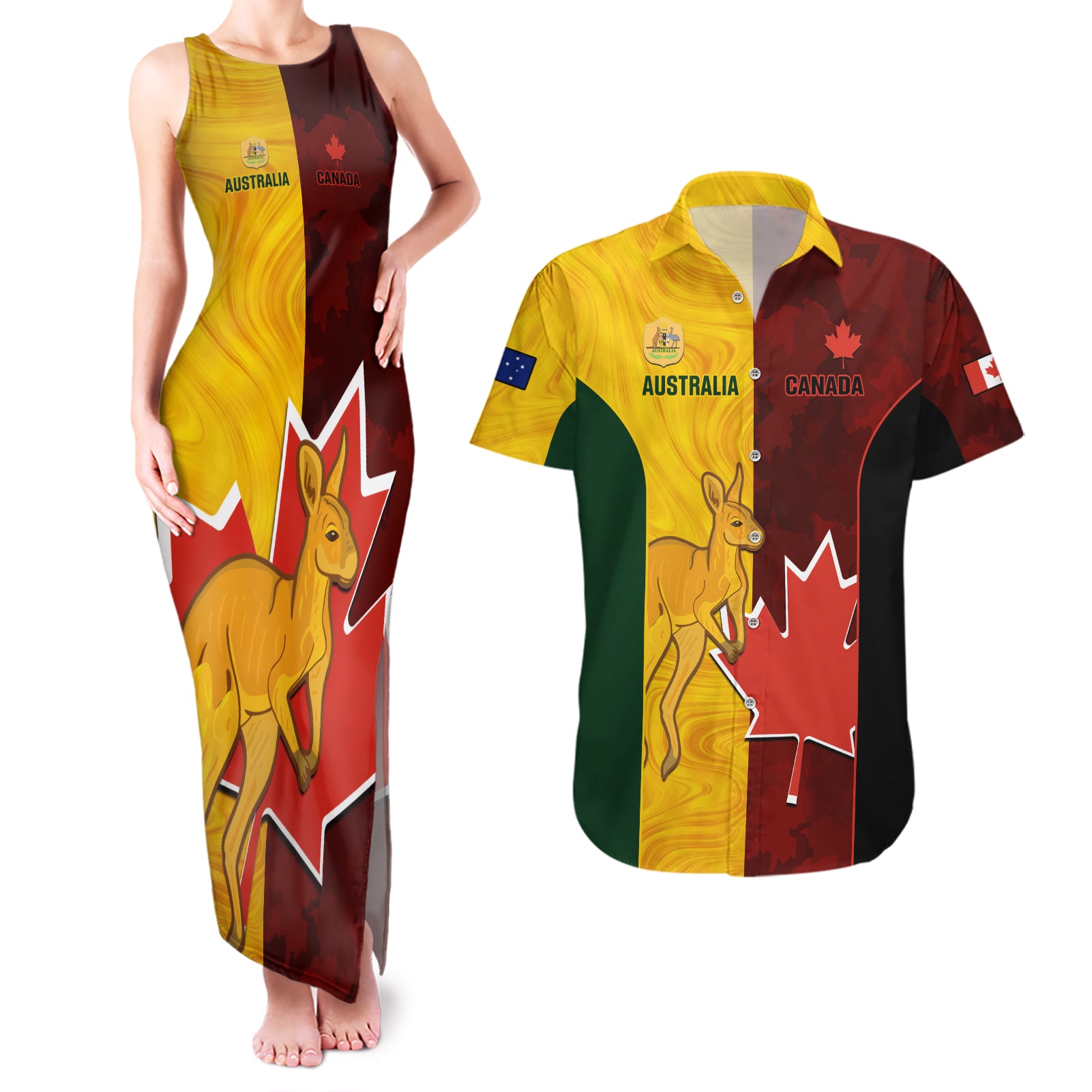 Australia And Canada Soccer Couples Matching Tank Maxi Dress and Hawaiian Shirt Matildas Combine Canucks Together - Wonder Print Shop