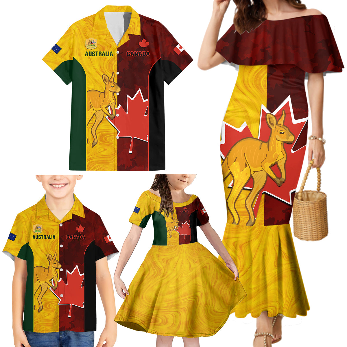 Australia And Canada Soccer Family Matching Mermaid Dress and Hawaiian Shirt Matildas Combine Canucks Together - Wonder Print Shop