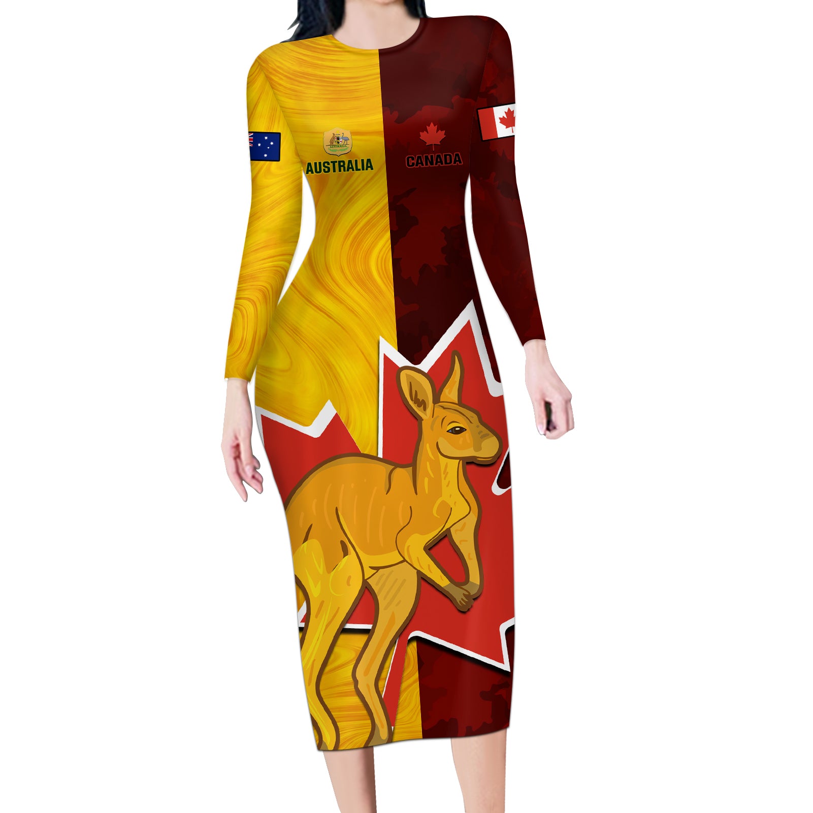 Australia And Canada Soccer Long Sleeve Bodycon Dress Matildas Combine Canucks Together - Wonder Print Shop