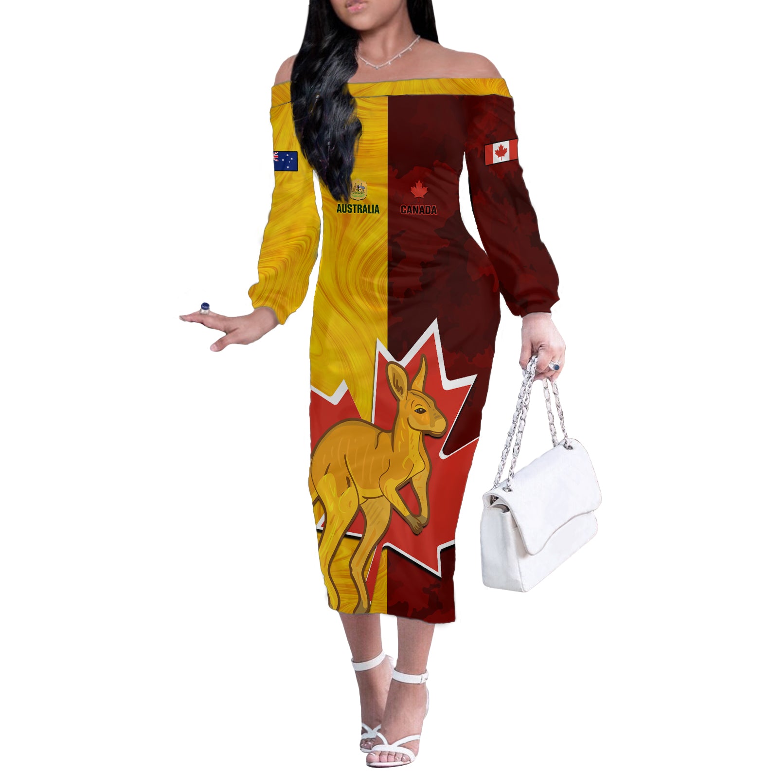 Australia And Canada Soccer Off The Shoulder Long Sleeve Dress Matildas Combine Canucks Together - Wonder Print Shop