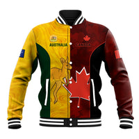 Color-block baseball jacket with Australia and Canada logos, snap front, striped rib cuffs