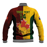Back view baseball jacket with 'YOUR TEXT' and number 14, kangaroo graphic, striped cuffs