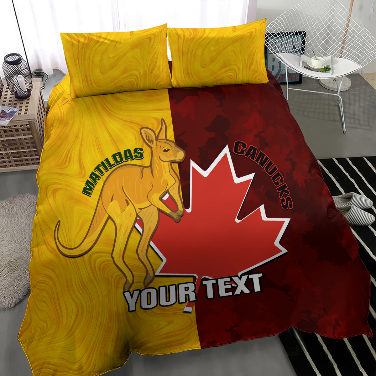 Gold and red bedding set showing kangaroo, Canada maple leaf, and two matching pillowcases
