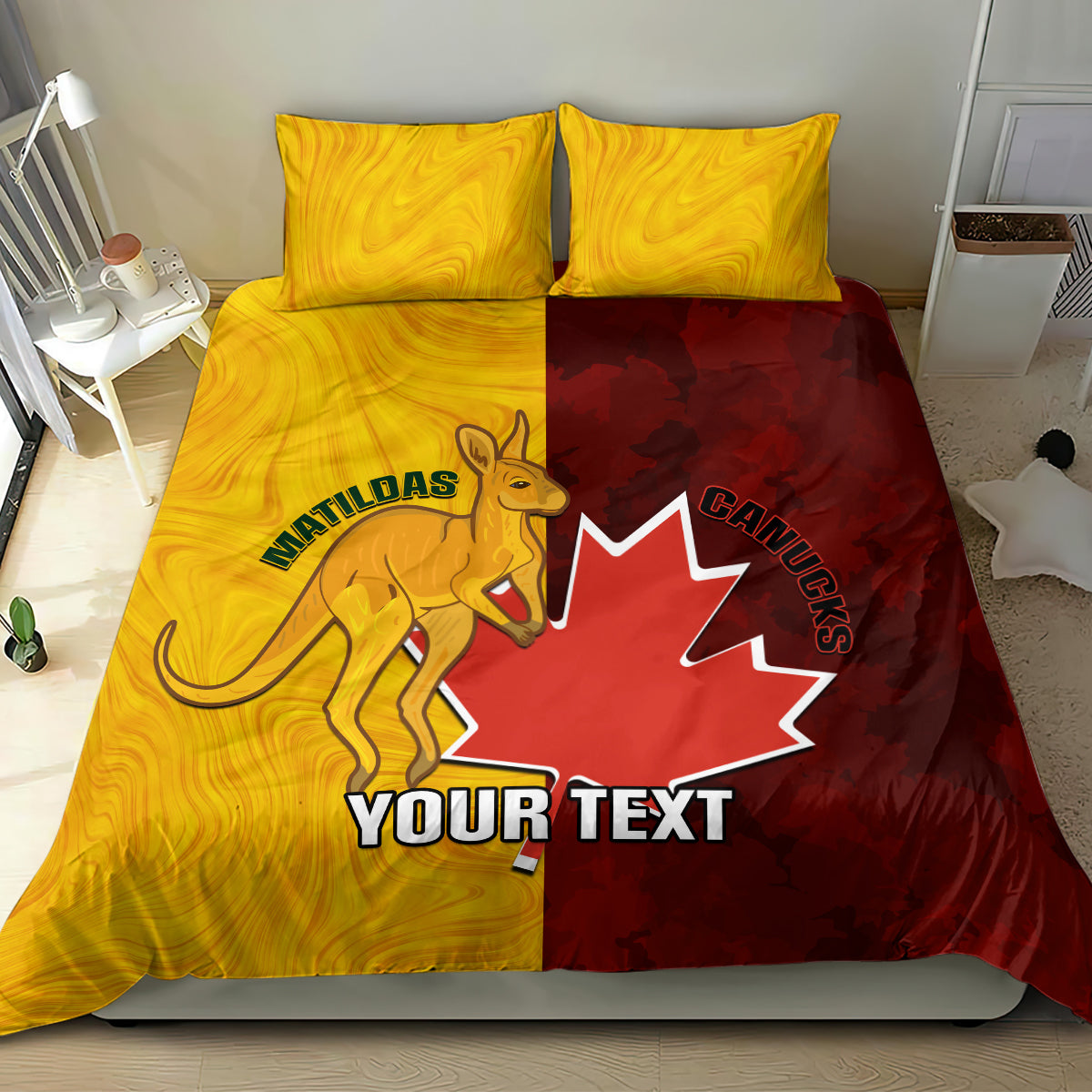 Gold and red duvet set featuring kangaroo, Canada maple leaf, and two pillowcases