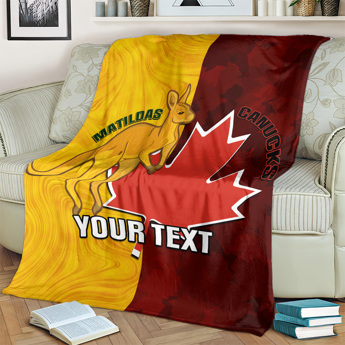 Gold-and-dark-red soccer blanket with kangaroo print, maple leaf, and 'YOUR TEXT'