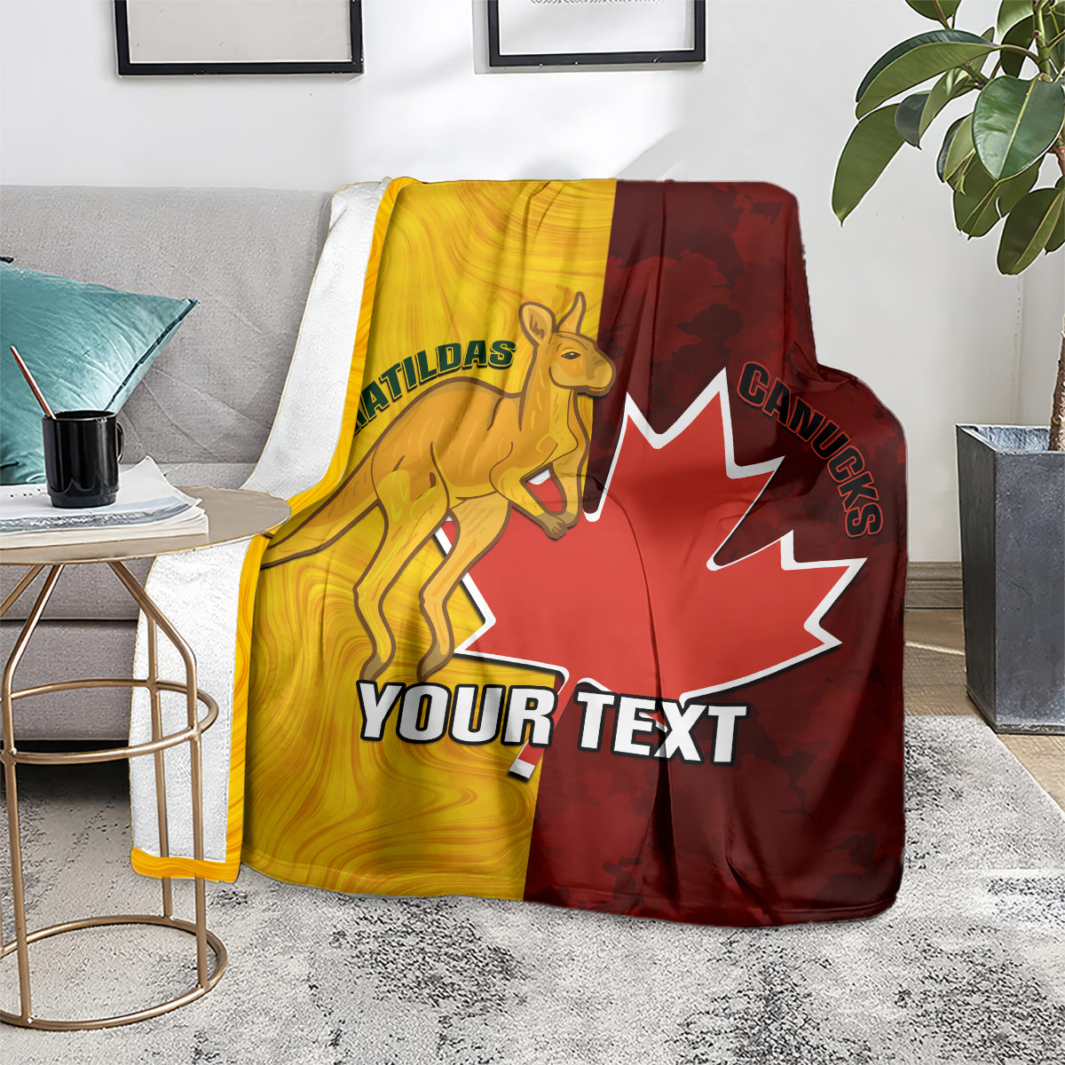 Gold and dark red soccer blanket with kangaroo graphic, maple leaf, and 'YOUR TEXT'