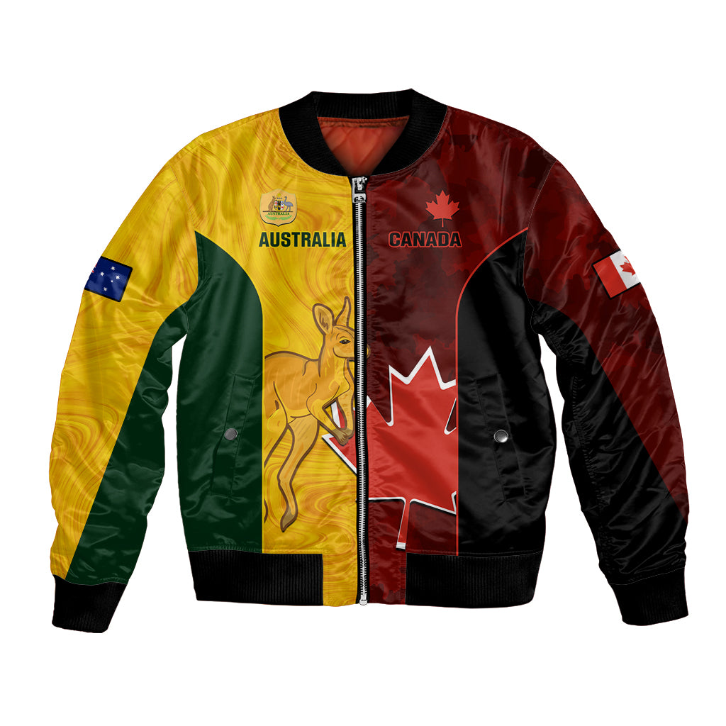 Unisex gold bomber jacket, zip front, kangaroo and Canada maple-leaf panels, ribbed hem