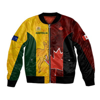 Unisex gold bomber jacket, zip front, kangaroo and Canada maple-leaf panels, ribbed hem