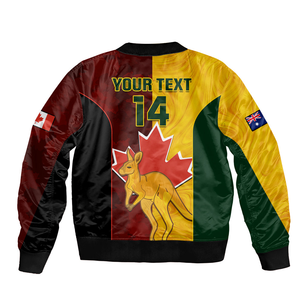Unisex bomber jacket back, 'YOUR TEXT 14', kangaroo graphic, flag patch sleeves, ribbed hem
