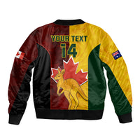Unisex bomber jacket back, 'YOUR TEXT 14', kangaroo graphic, flag patch sleeves, ribbed hem
