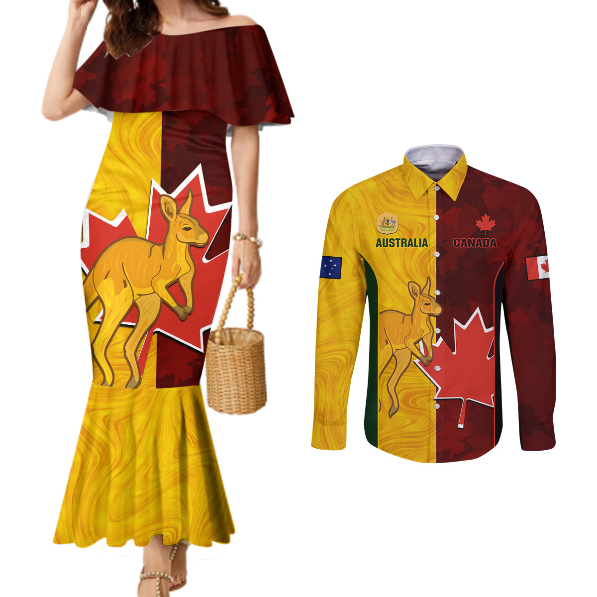 custom-australia-and-canada-soccer-couples-matching-mermaid-dress-and-long-sleeve-button-shirt-matildas-combine-canucks-together