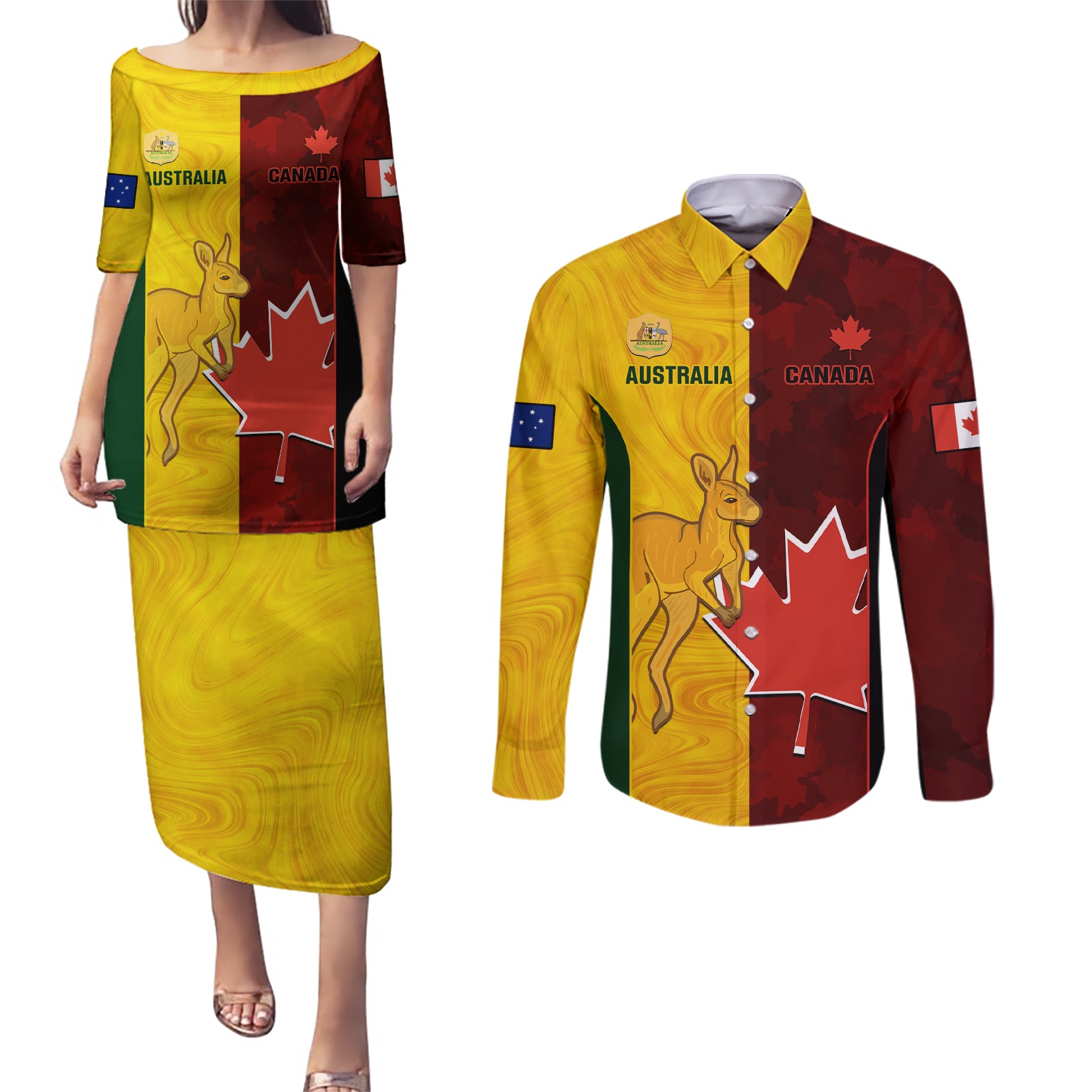 Custom Australia And Canada Soccer Couples Matching Puletasi Dress and Long Sleeve Button Shirt Matildas Combine Canucks Together - Wonder Print Shop