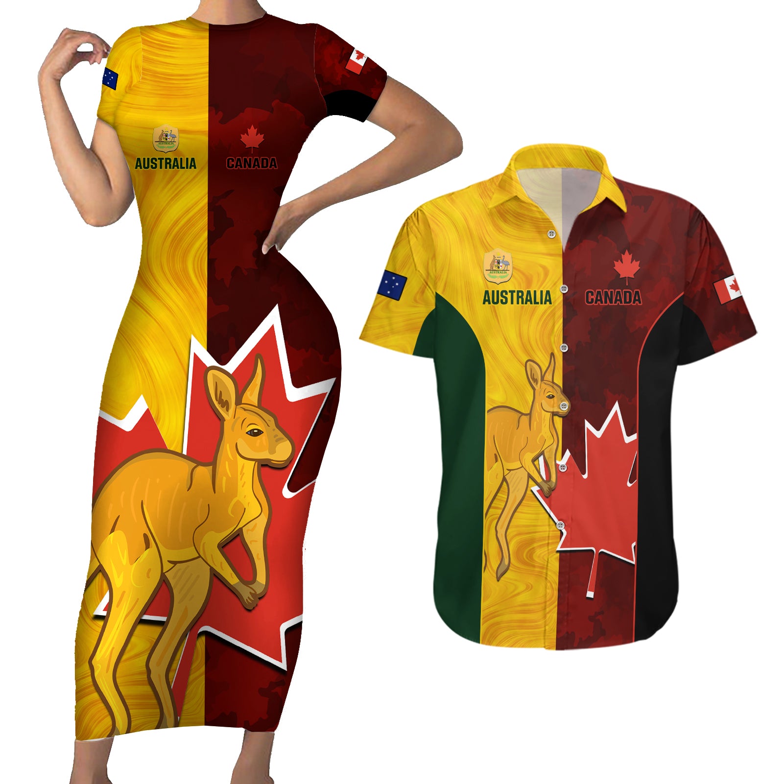 Custom Australia And Canada Soccer Couples Matching Short Sleeve Bodycon Dress and Hawaiian Shirt Matildas Combine Canucks Together - Wonder Print Shop