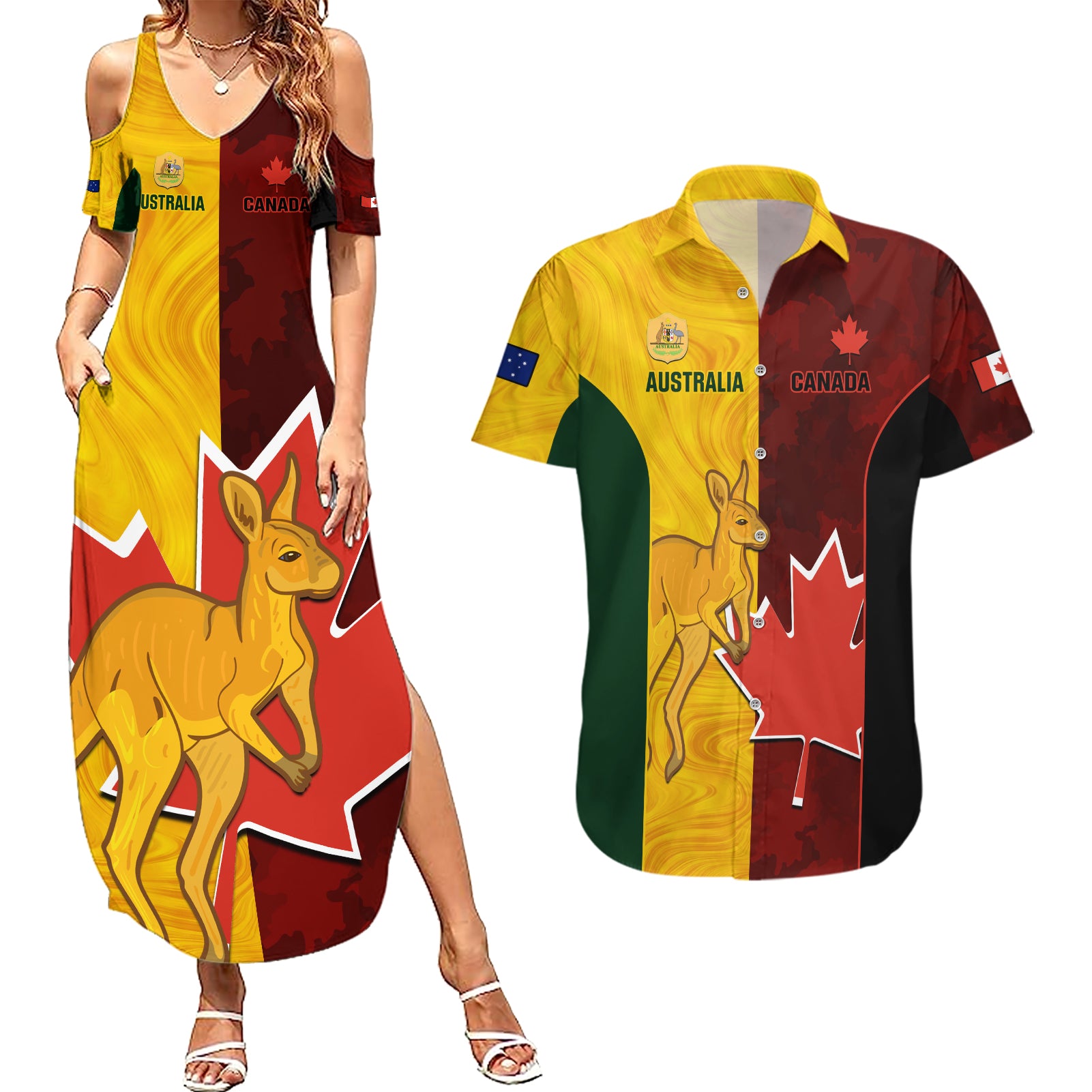 Custom Australia And Canada Soccer Couples Matching Summer Maxi Dress and Hawaiian Shirt Matildas Combine Canucks Together - Wonder Print Shop