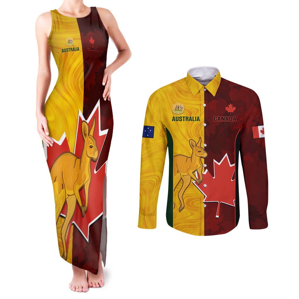 Custom Australia And Canada Soccer Couples Matching Tank Maxi Dress and Long Sleeve Button Shirt Matildas Combine Canucks Together - Wonder Print Shop