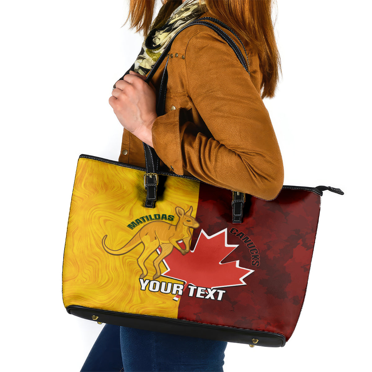 Custom Australia And Canada Soccer Leather Tote Bag Matildas Combine Canucks Together - Wonder Print Shop