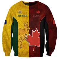 Gold and dark red crewneck soccer sweatshirt with Australia and Canada graphic front