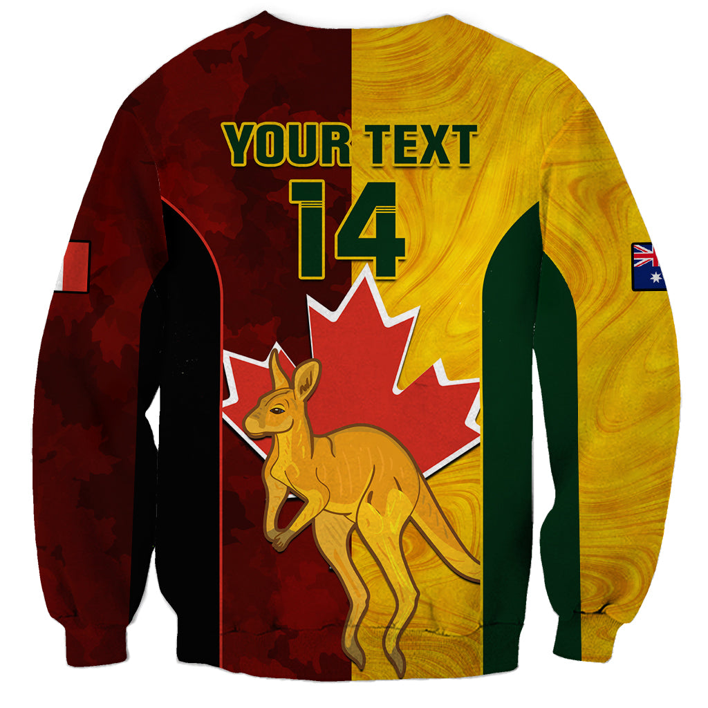 Gold and dark red crewneck sweatshirt back with YOUR TEXT 14, kangaroo and maple leaf