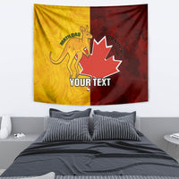 Gold and dark red wall tapestry featuring kangaroo, maple leaf, and 'YOUR TEXT'