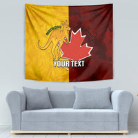 Gold left panel and dark red right panel wall tapestry with kangaroo, maple leaf, 'YOUR TEXT'