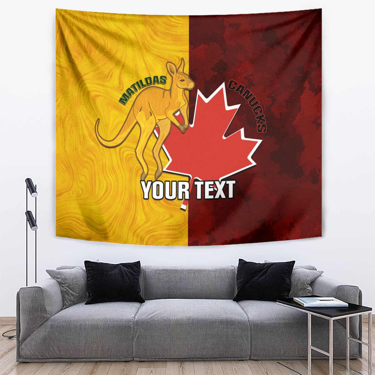 Gold and dark red tapestry with kangaroo and Canada maple leaf, centered 'YOUR TEXT'