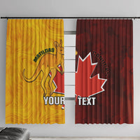 Printed window curtain panels, gold and red with sports logos and customizable text