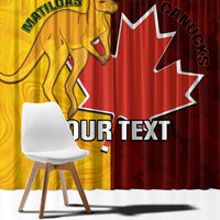 Printed window curtain panels with large sports logos, gold and red, customizable text
