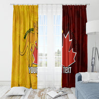 Grommet-top printed window curtain panels, gold and red with sports logos and text