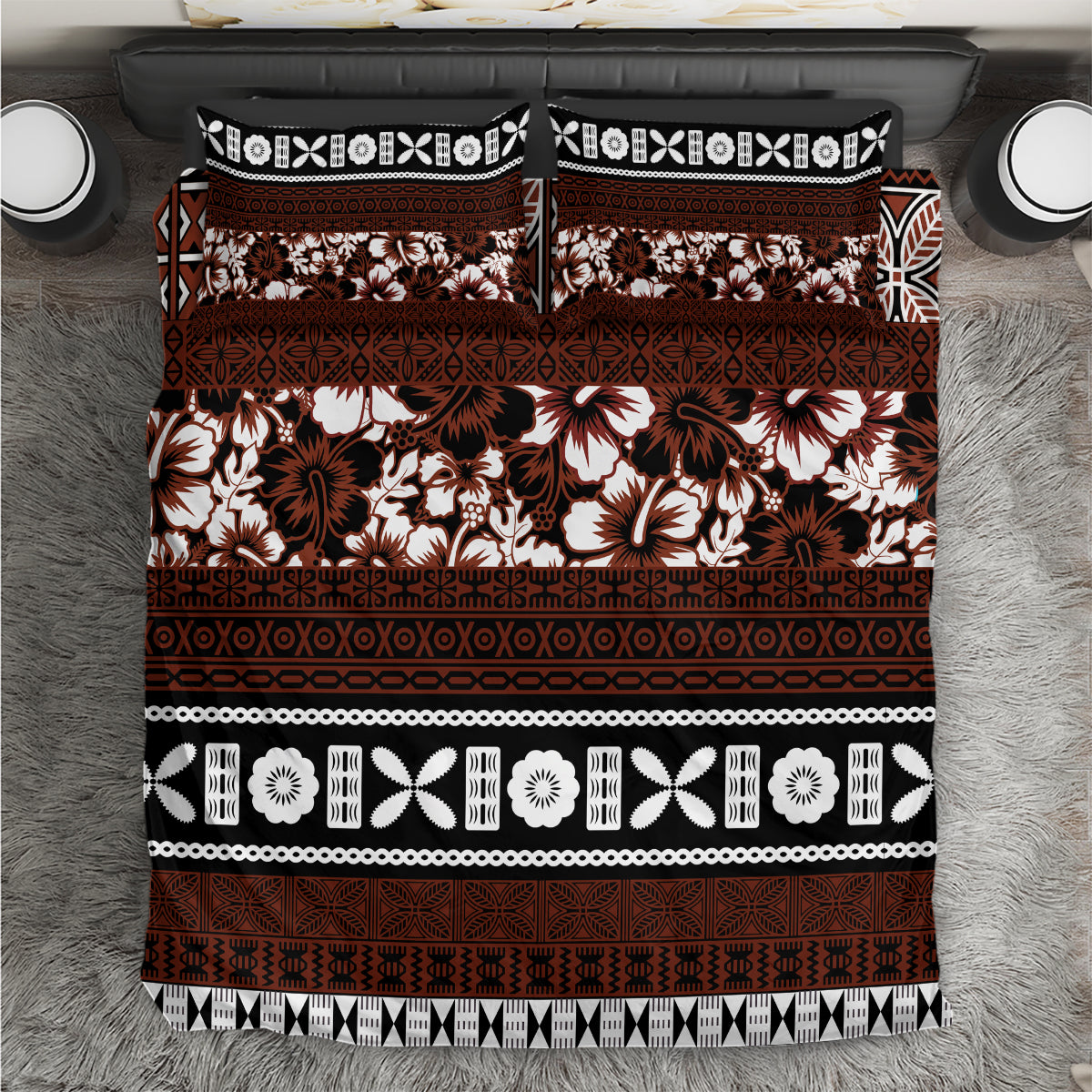 Brown and white floral and geometric bedding set with hibiscus flower pattern