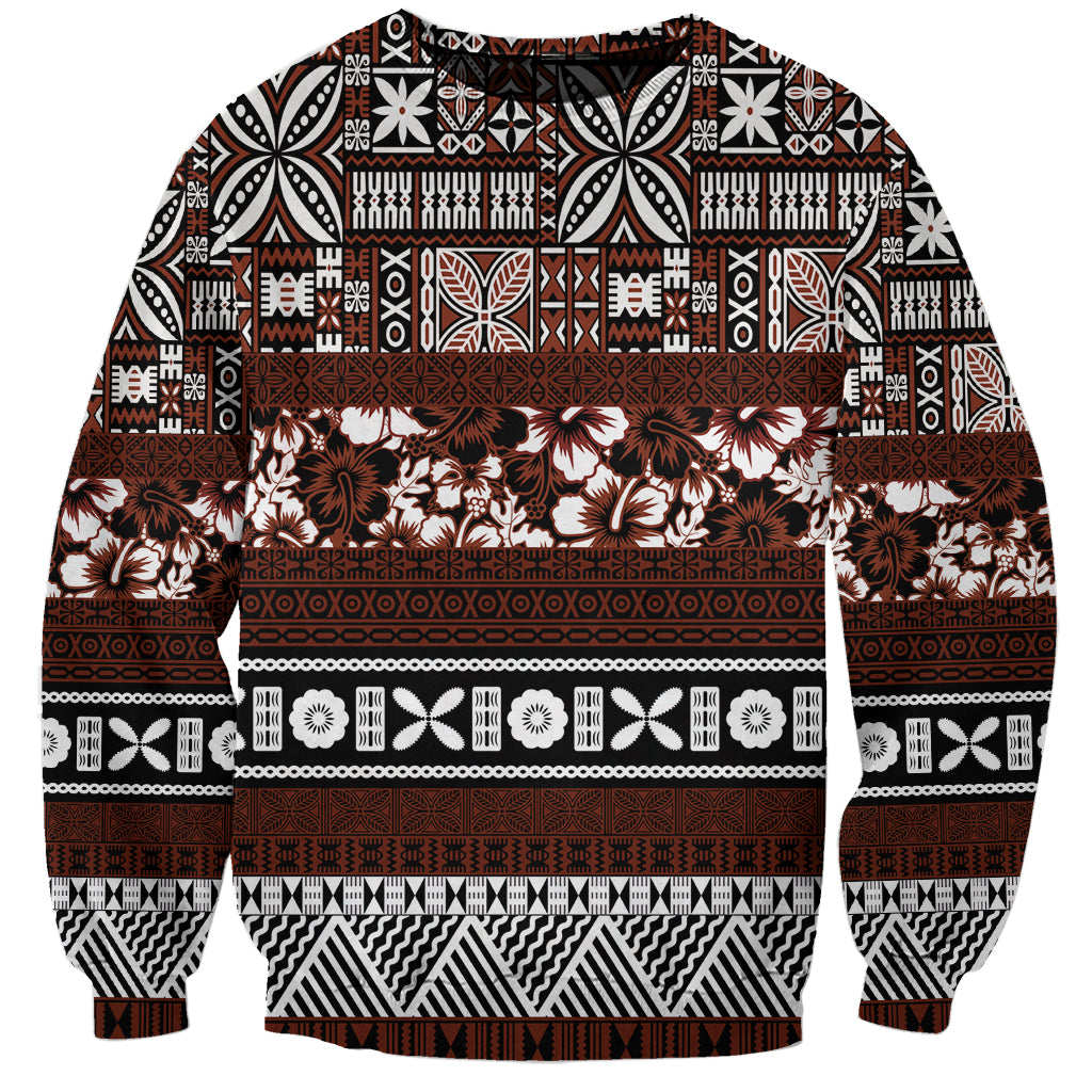 Brown crewneck sweatshirt with Polynesian tapa pattern and hibiscus-style flowers