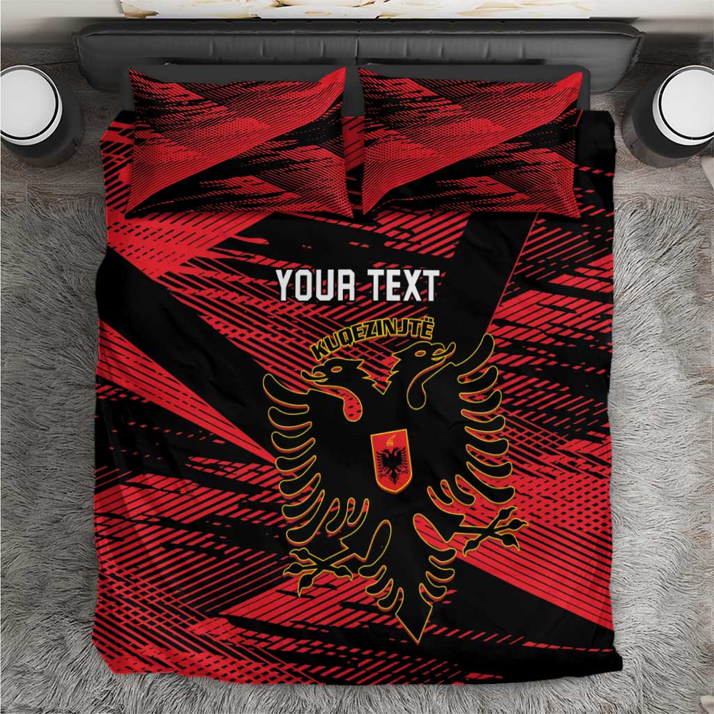Red and black football bedding set with eagle shield design, two pillowcases, custom text