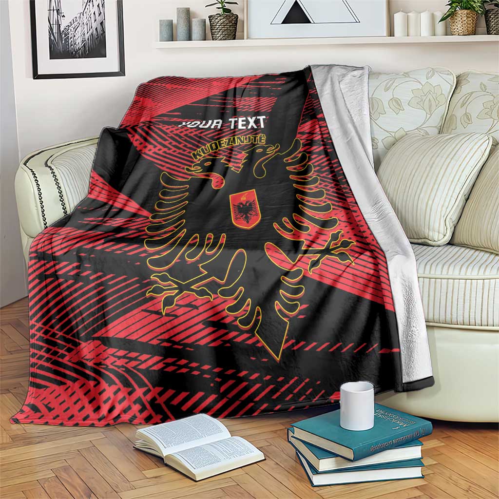 Red and black football blanket with Albania crest, grunge stripes, and YOUR TEXT
