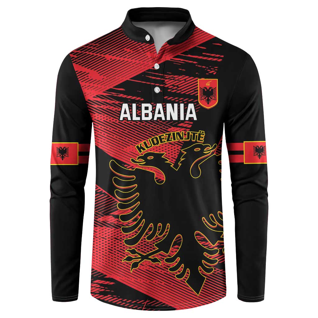 Albania football button sweatshirt, black with red pattern and crest; long sleeves